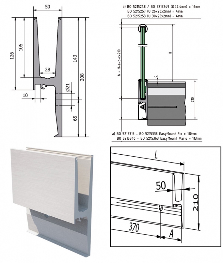 Profilé garde corps EasyMount Side L 1,0kN Montage latéral 2500mm