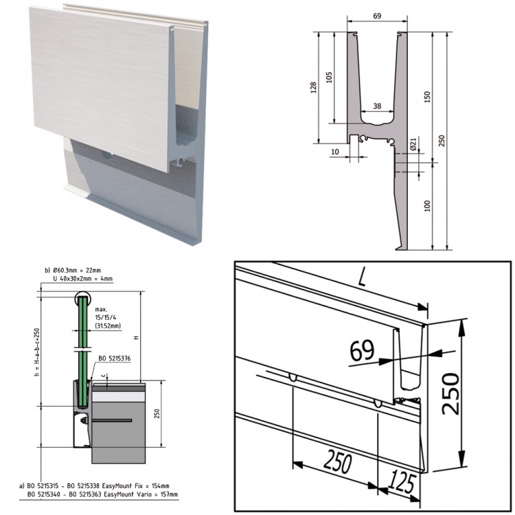 Profilé garde corps EasyMount Side L 2,0kN Montage latéral 2500mm