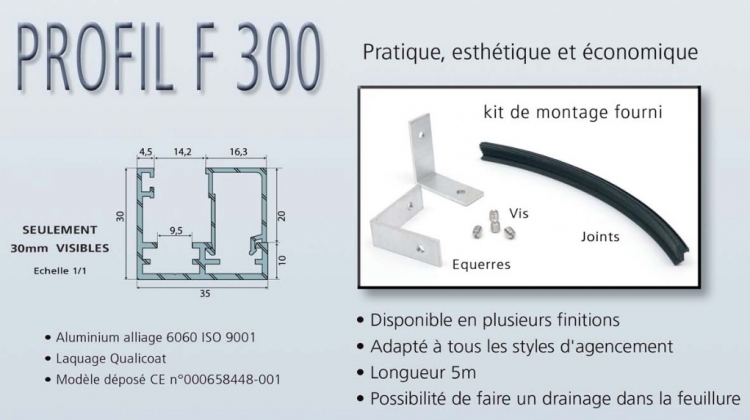 Profil F300 Anodisé Argent Satiné 2x2,5m pour verre sur chassis fixe en cloison