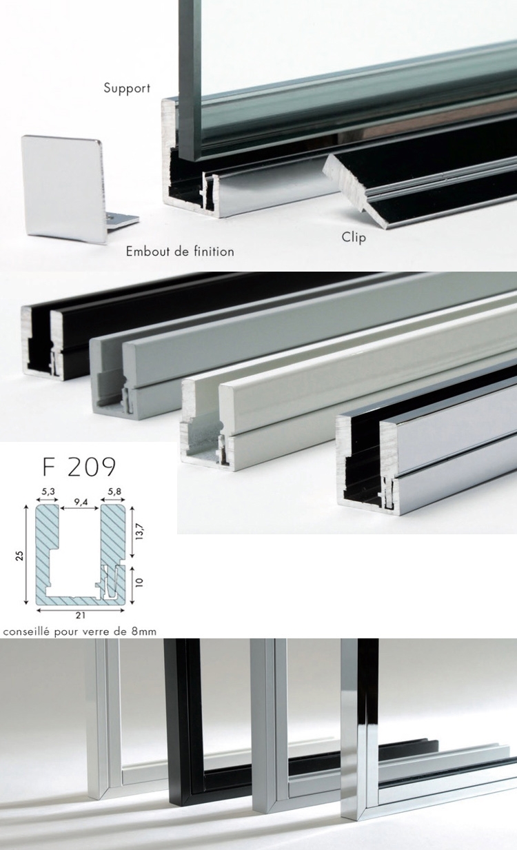 Profil F209 laqué blanc ral9016 satiné - 2 cales + 2 équerres - longueur de 3m