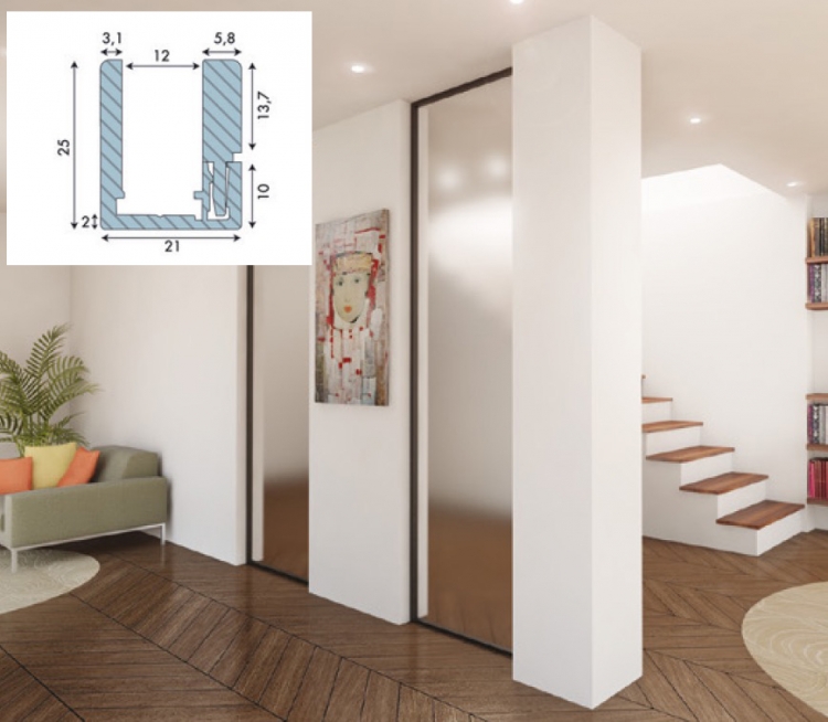 Profil F212 anodisé Mat Velours - 2 cales + 2 équerres longueur de 3m