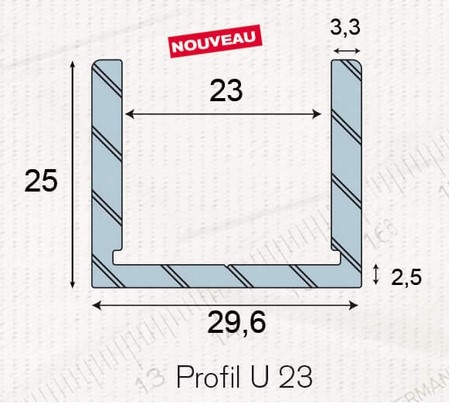 photo info Profil U23 alu Chromé brillant - Longueur de 3m - Livré sans embouts et sans équerres