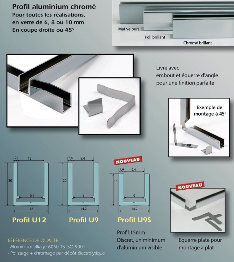 Profil U9S alu chromé brillant avec embout et équerre longueur de 3m