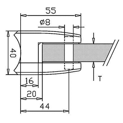 photo détail Pince à verre INOX 316 BROSSE - CARRE - 55 x 70 mm - pour verre 10.76 - 8/8/2 - Tube 48.3mm