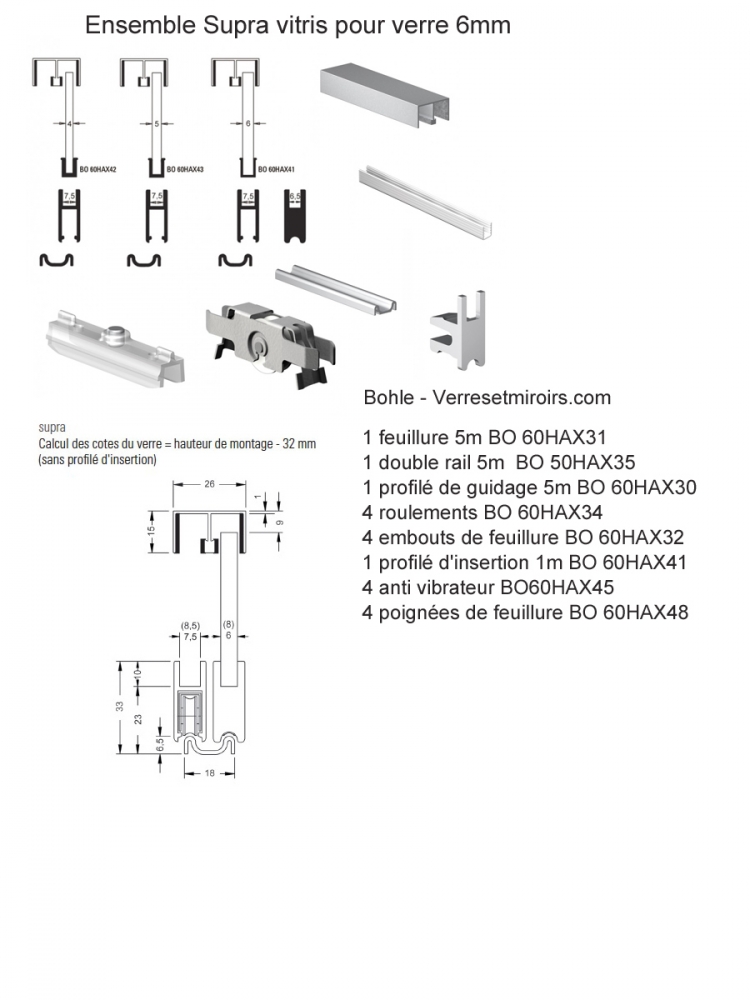 Ensemble Vitris supra 5m pour portes coulissantes de vitrine verre 6mm