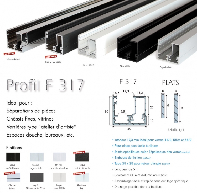 Profil F317 (F300) Blanc 9010 EN 2x2,5m pour verre sur chassis fixe en cloison