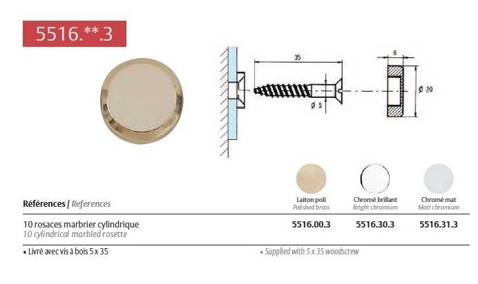 Rosace marbrier chromé brillant cylindrique pour fixation de miroir, verre et crédence